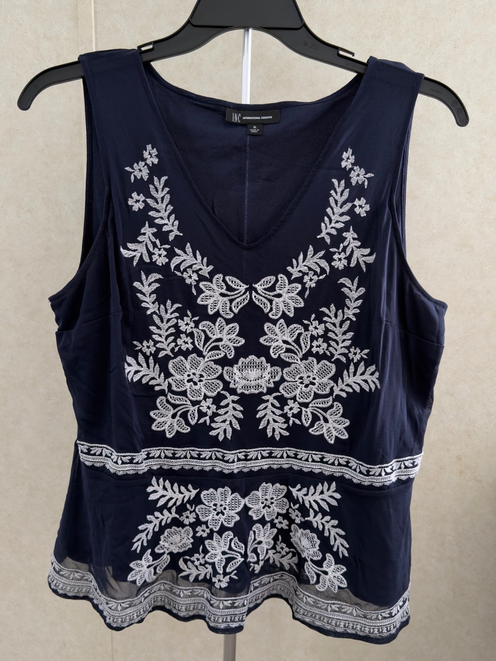 INC International Concepts Navy Tank Top with White Floral Embroidery